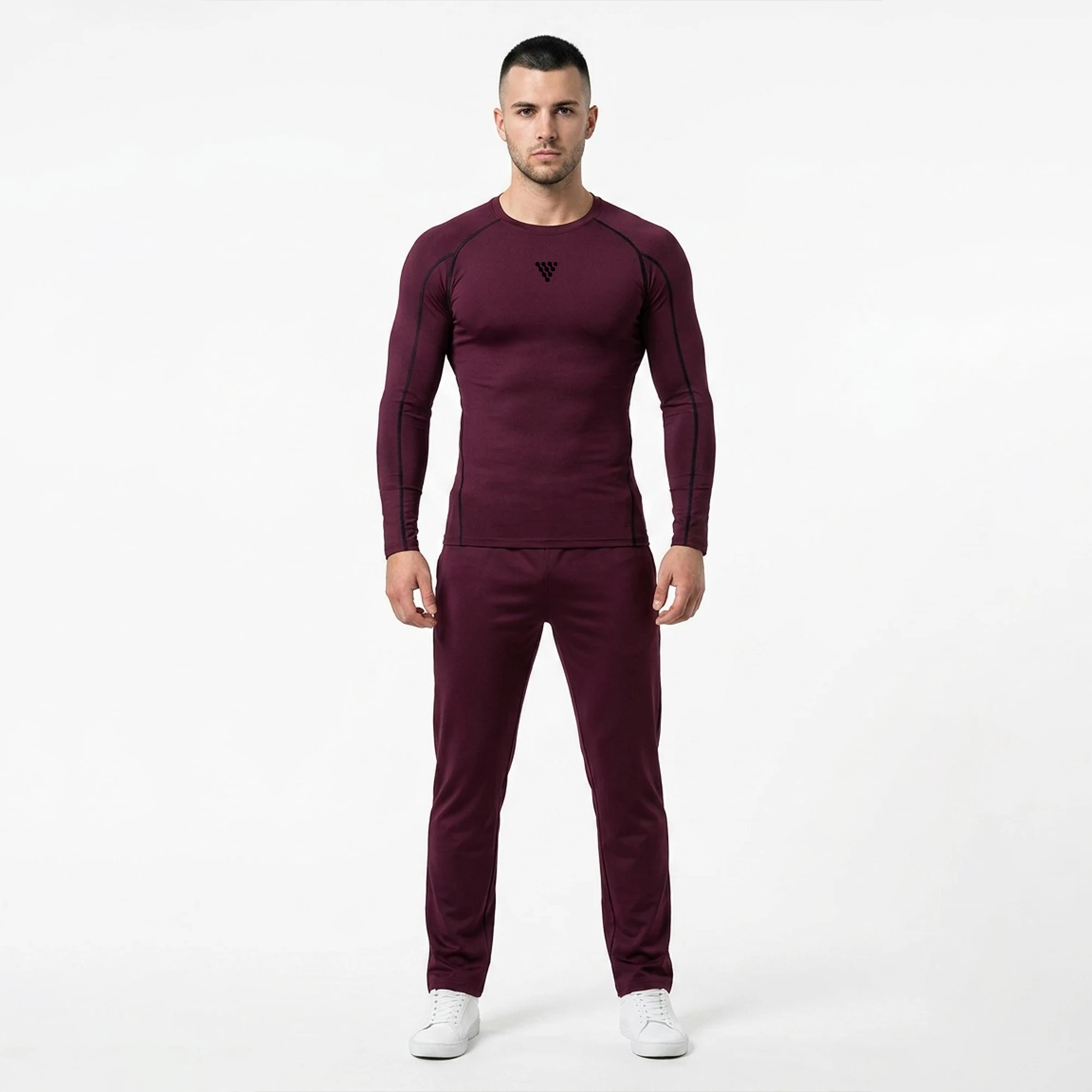 Close-up view of compression shirt and trouser set with athletic fit and stretch waistband