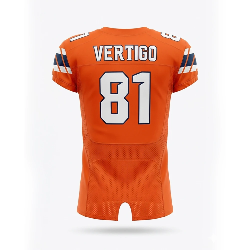 Back view of custom orange American football jersey with player name and number