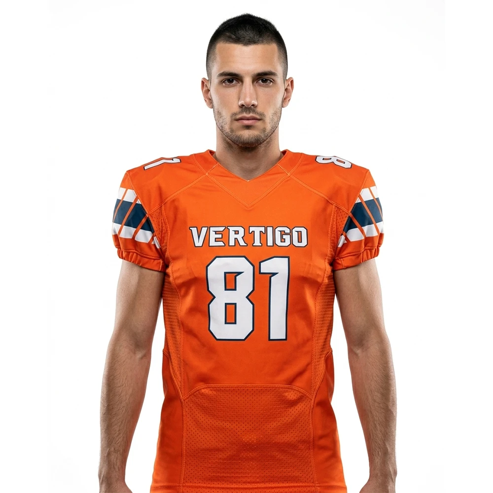 Male athlete wearing a custom orange American football jersey
