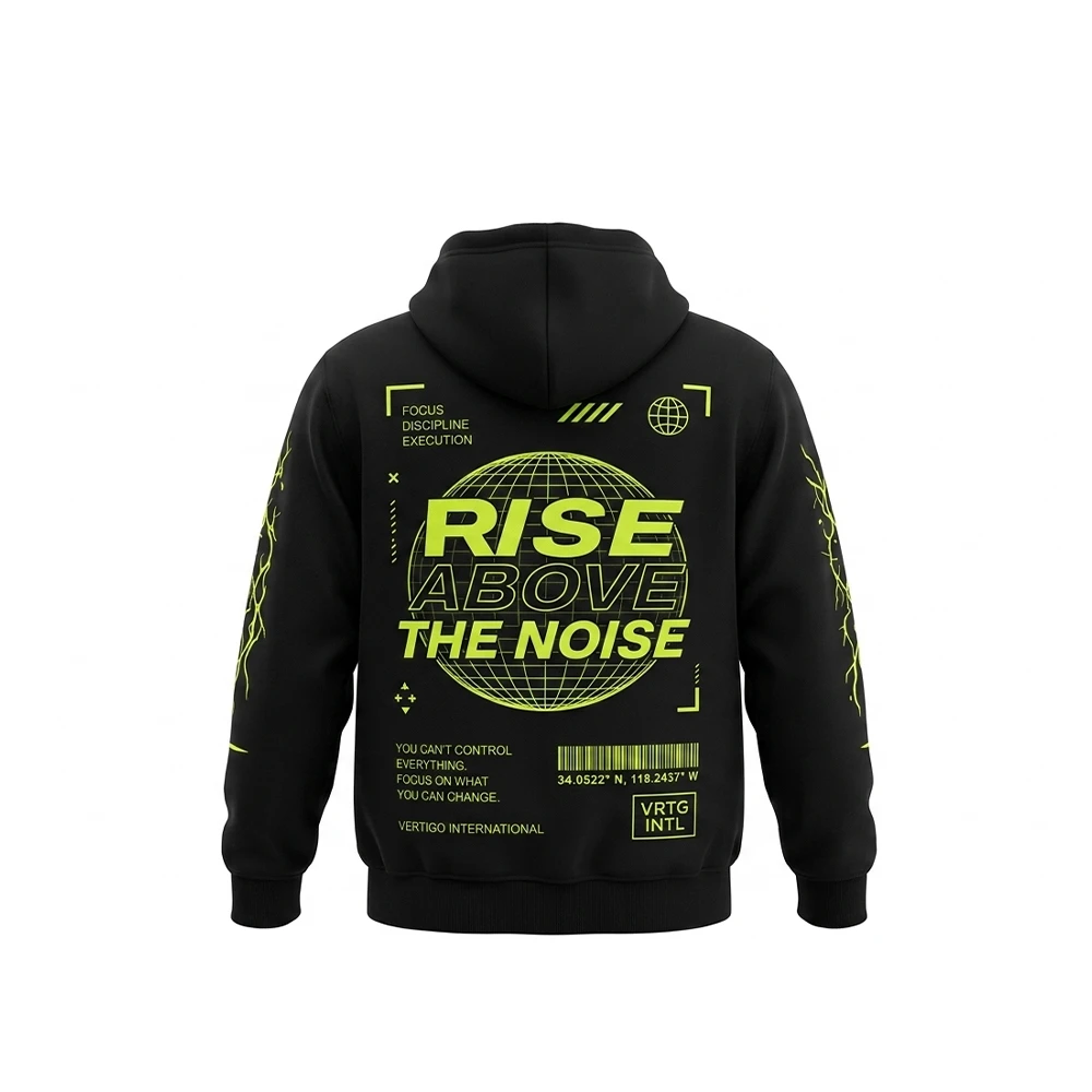 Back view of custom black casual hoodie with large graphic print