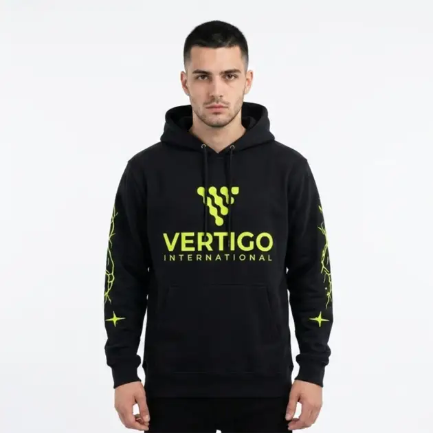 Male model wearing a premium black custom casual hoodie with graphic print