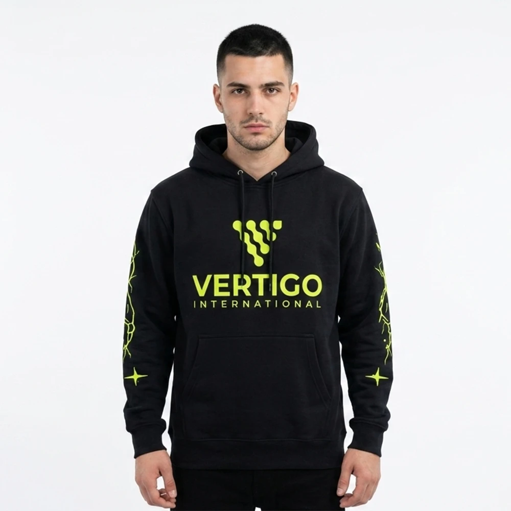 Male model wearing a premium black custom casual hoodie with graphic print