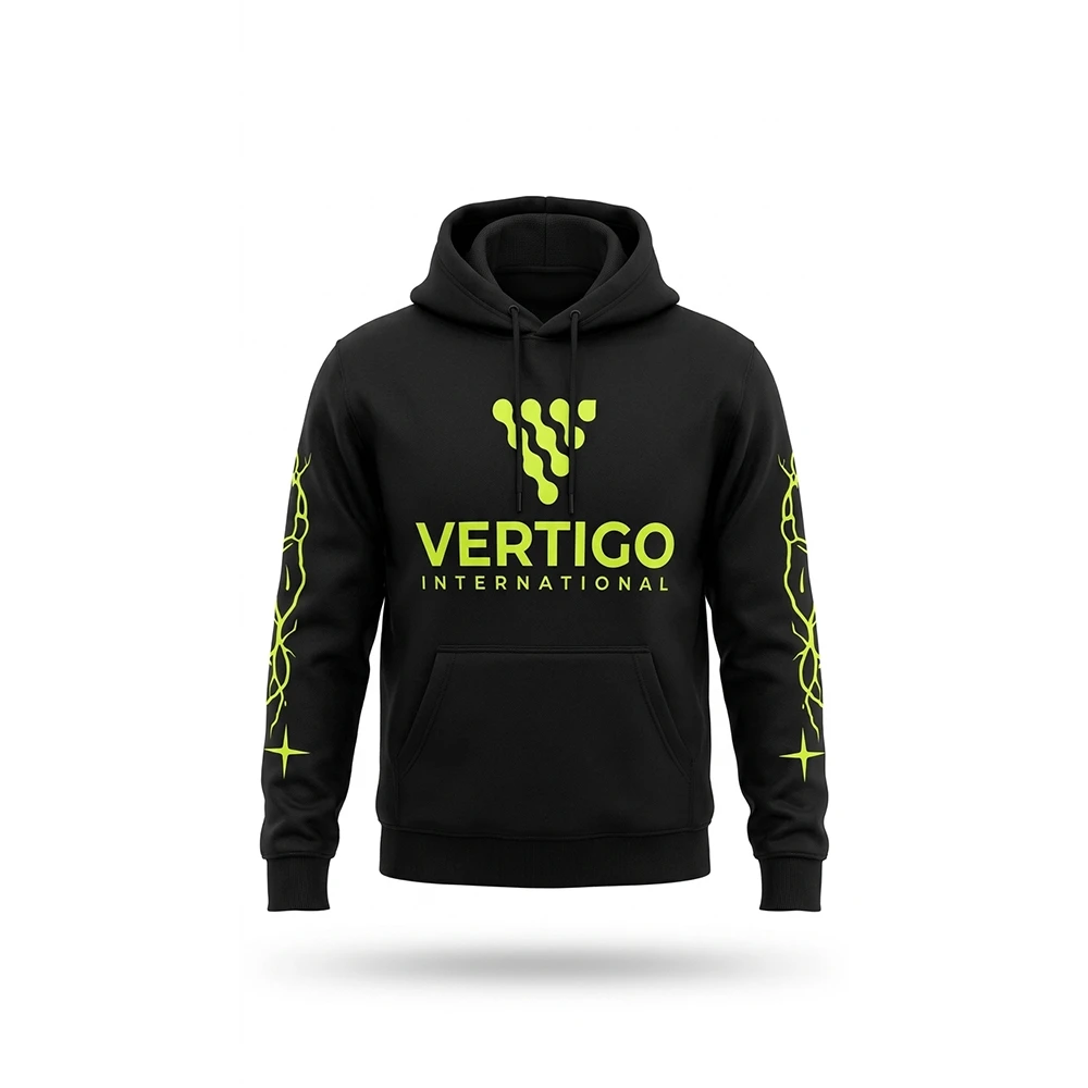 Front view of premium black custom pullover hoodie with kangaroo pocket