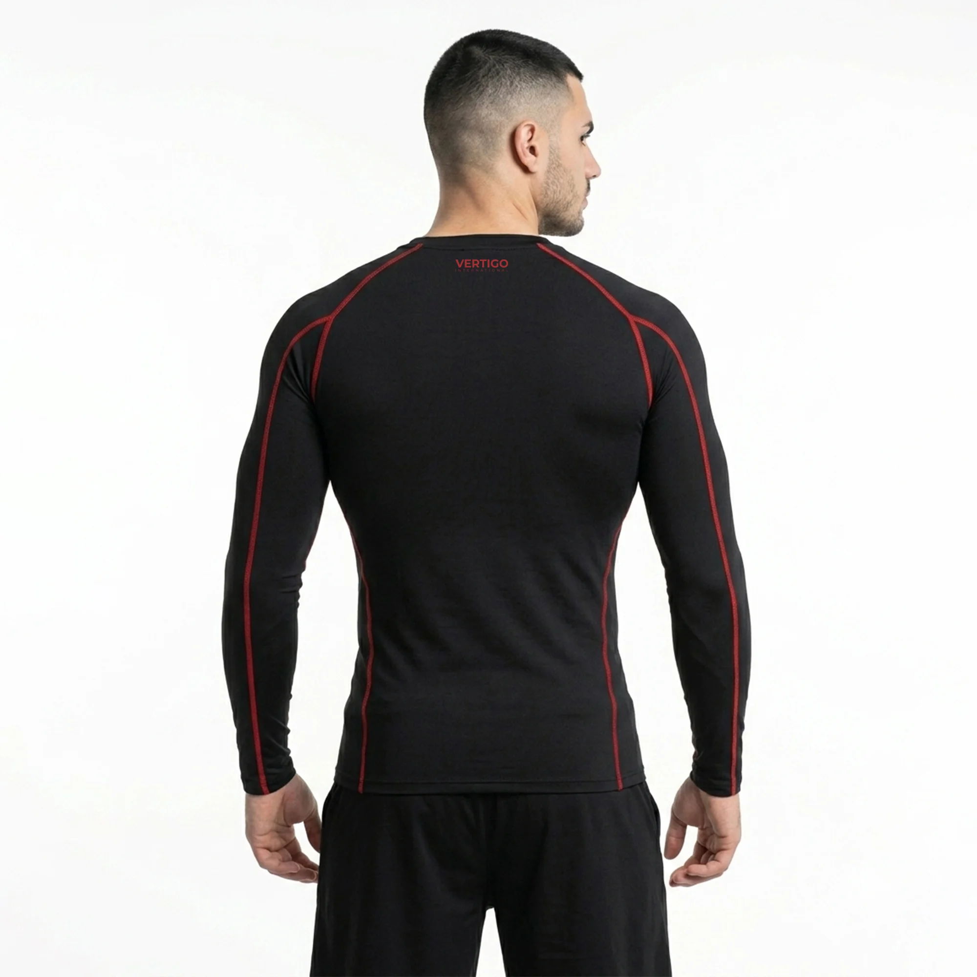 Back view of men compression shirt with athletic fit and performance stitching