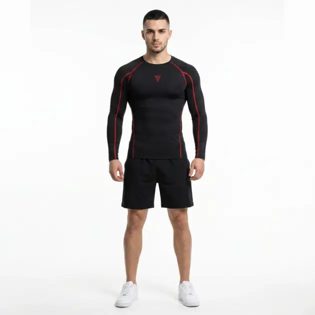 Athlete wearing men compression shirt and gym shorts for training and fitness