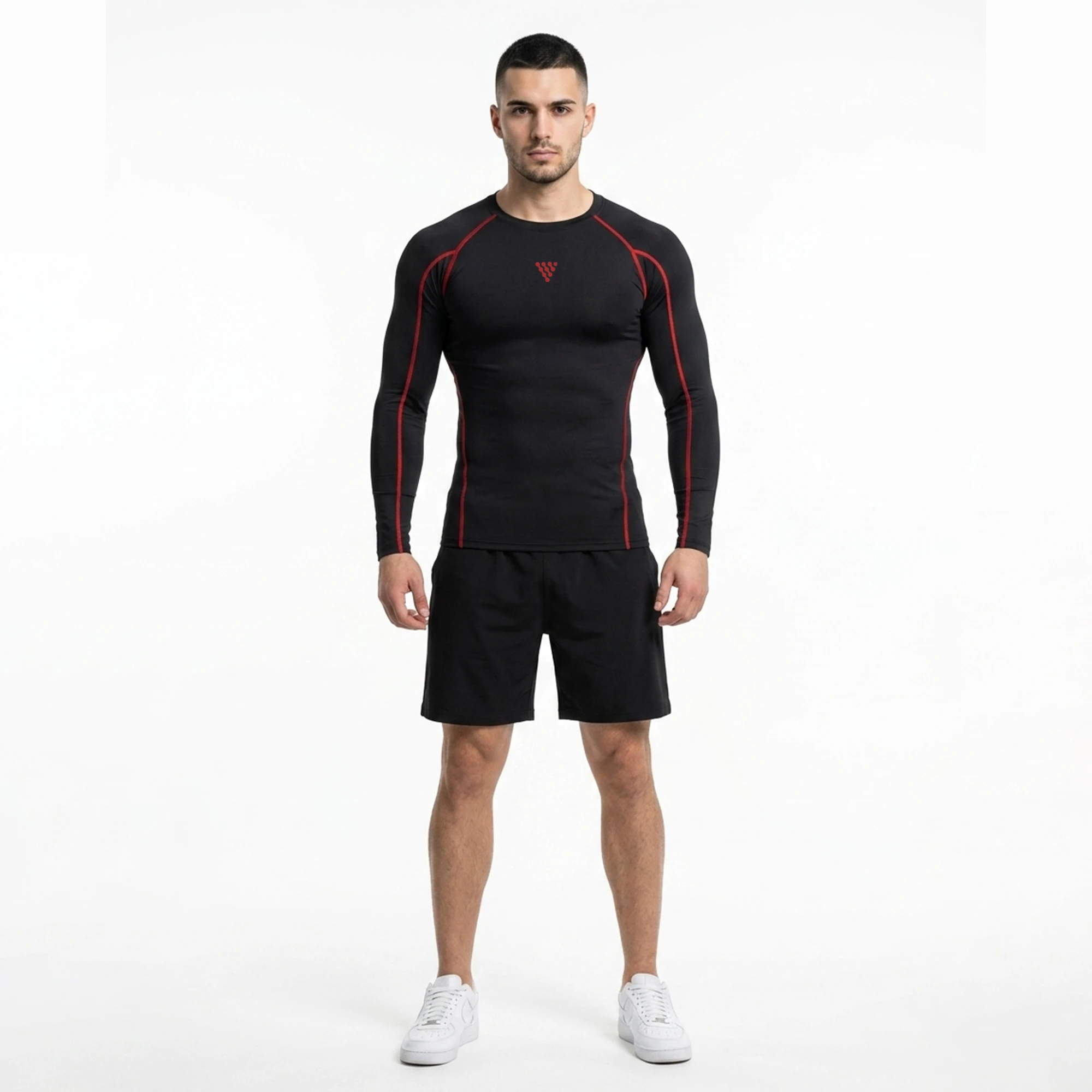 Athlete wearing men compression shirt and gym shorts for training and fitness