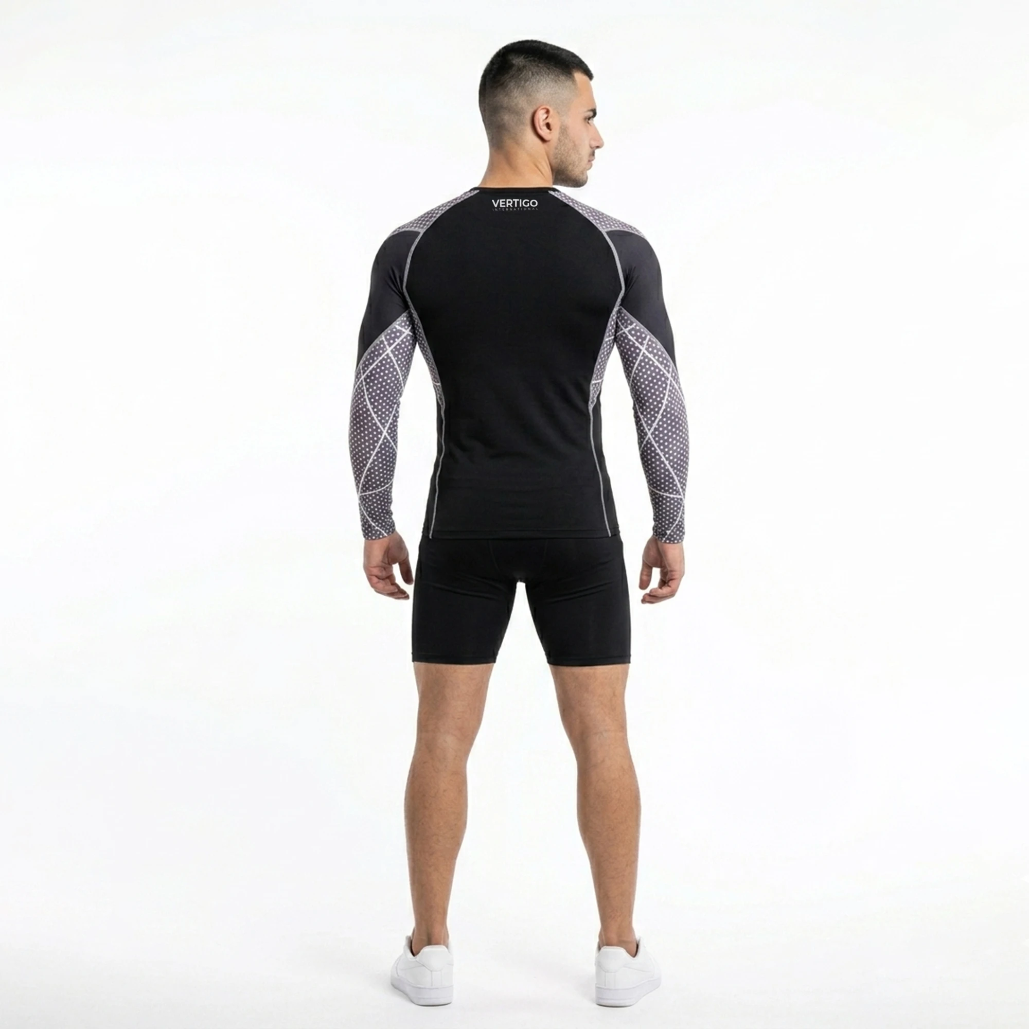 Back view of men's athletic compression top designed for fitness apparel and private label sportswear collections.