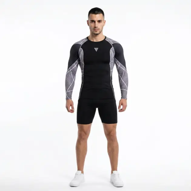 Front view of men's athletic compression top manufactured for sportswear and activewear brands.