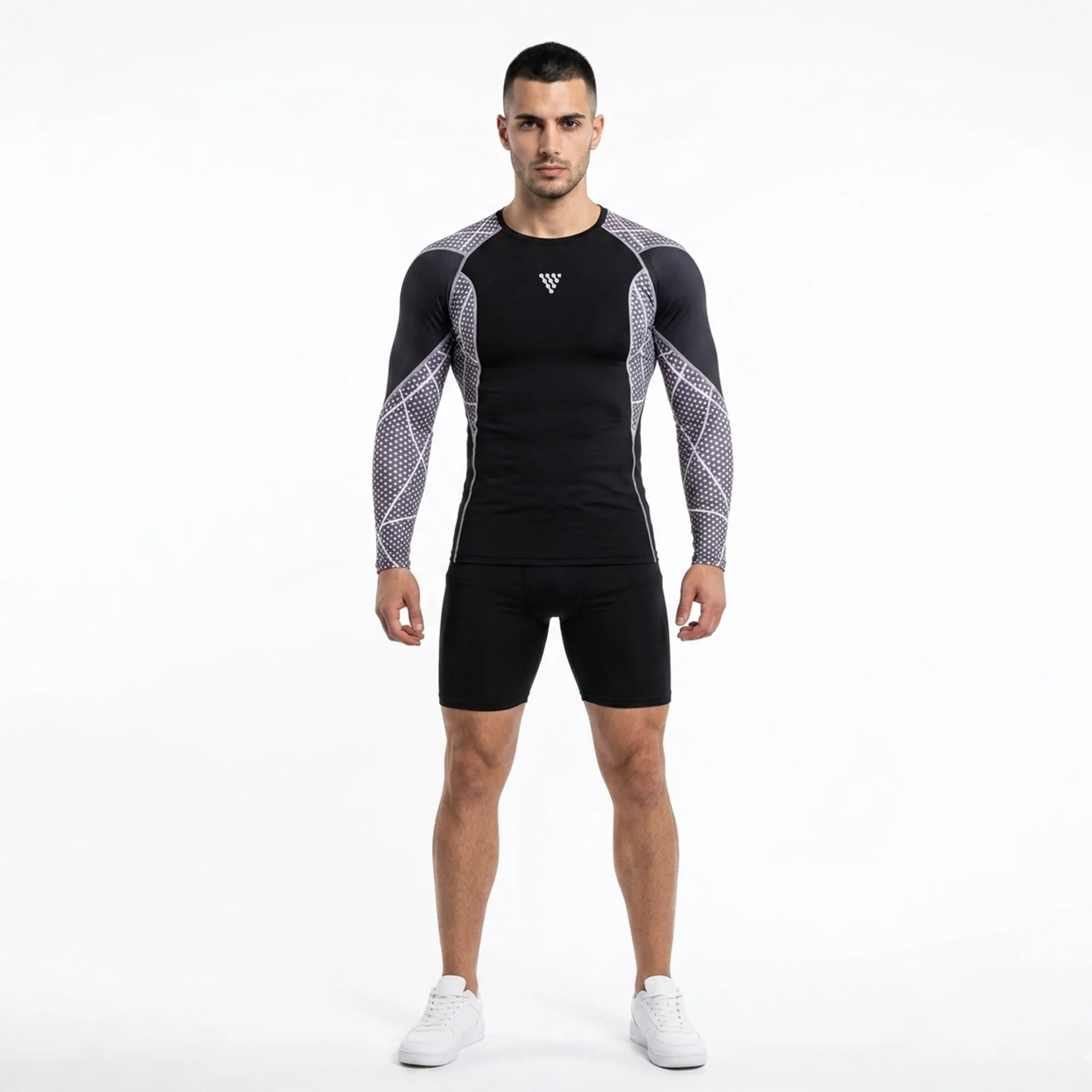 Front view of men's athletic compression top manufactured for sportswear and activewear brands.