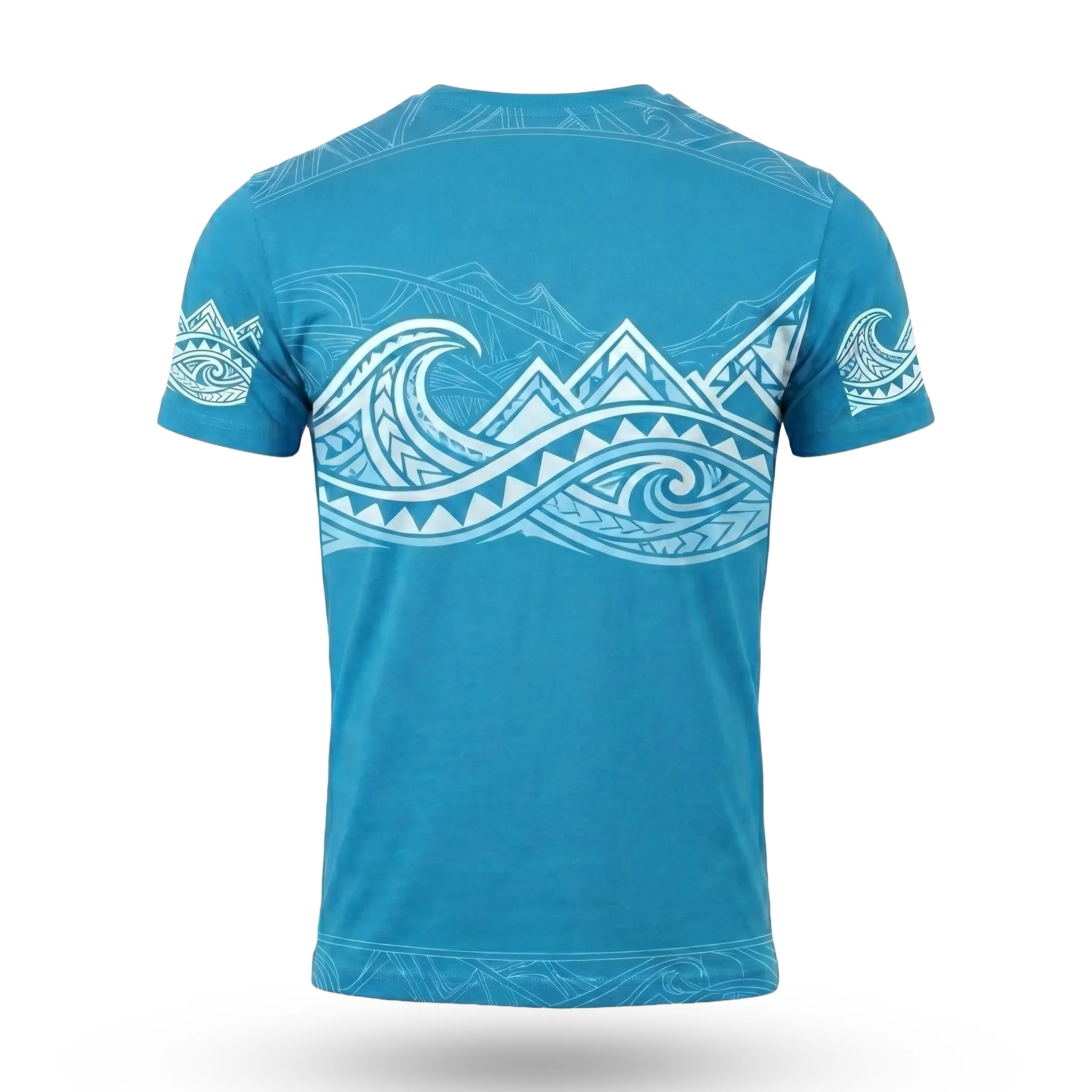 Back view of men's blue graphic casual T-shirt