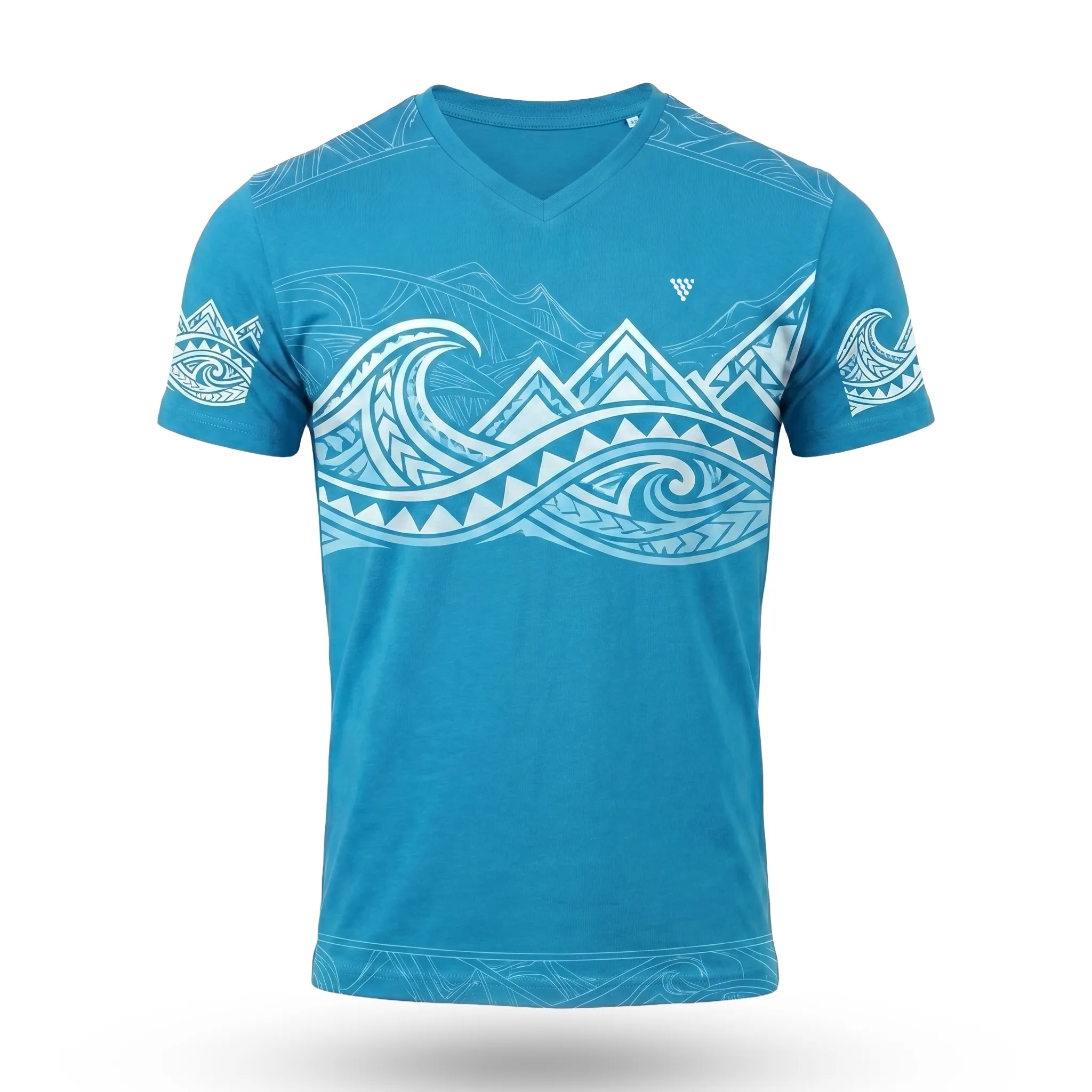 Front view of men's blue printed casual V-neck T-shirt