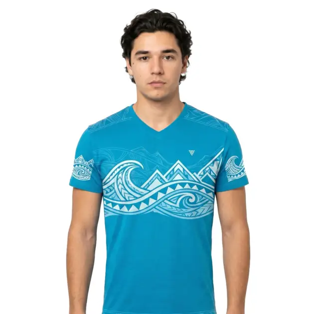 Men's blue printed casual V-neck T-shirt worn by model