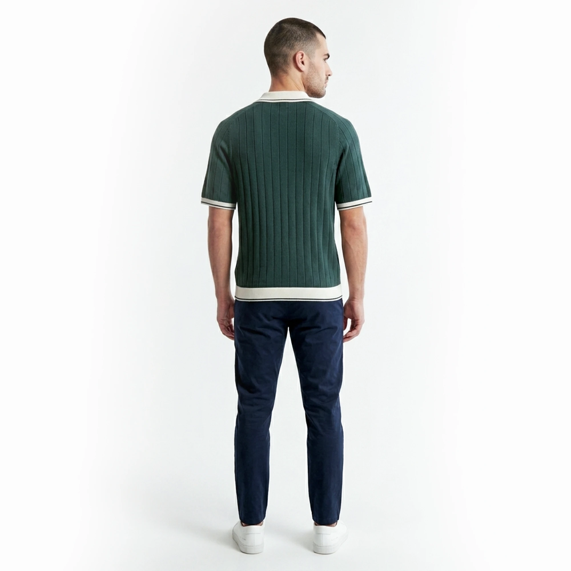 Back view of men's green ribbed polo shirt