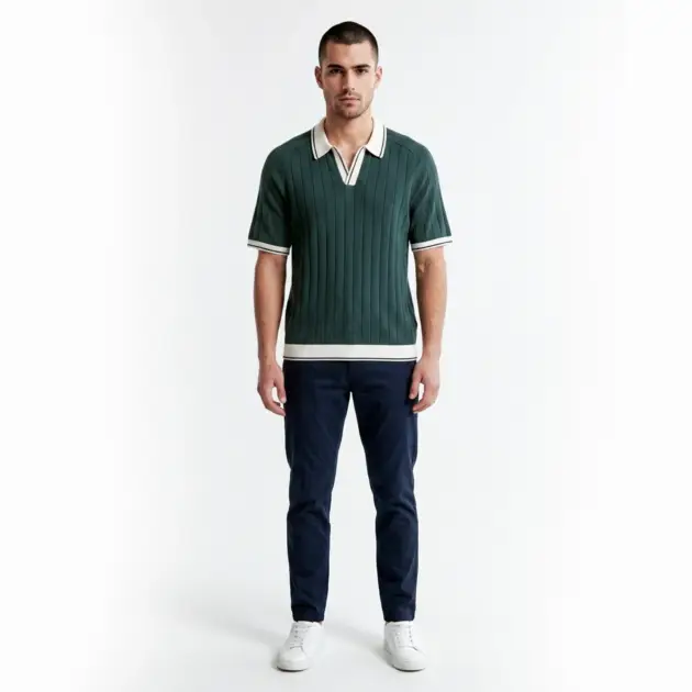 Front view of men's green ribbed polo shirt in casual wear