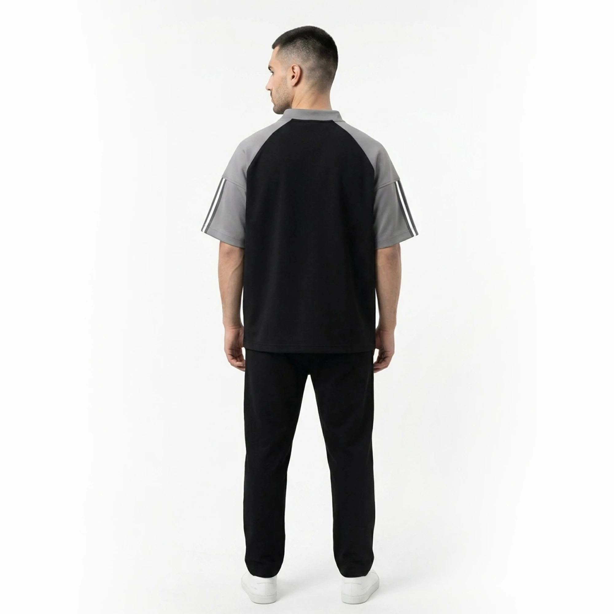 Back view of men's quarter zip casual t-shirt