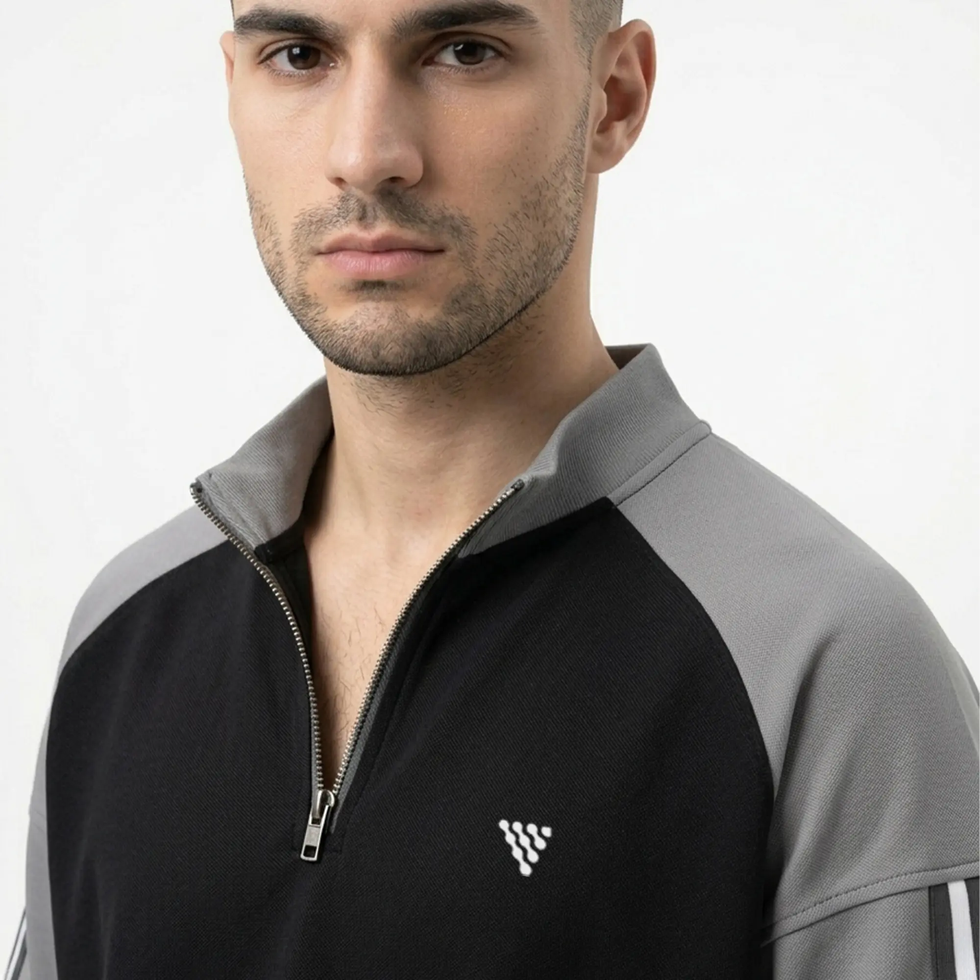 Men's quarter zip casual t-shirt with contrast sleeves detail