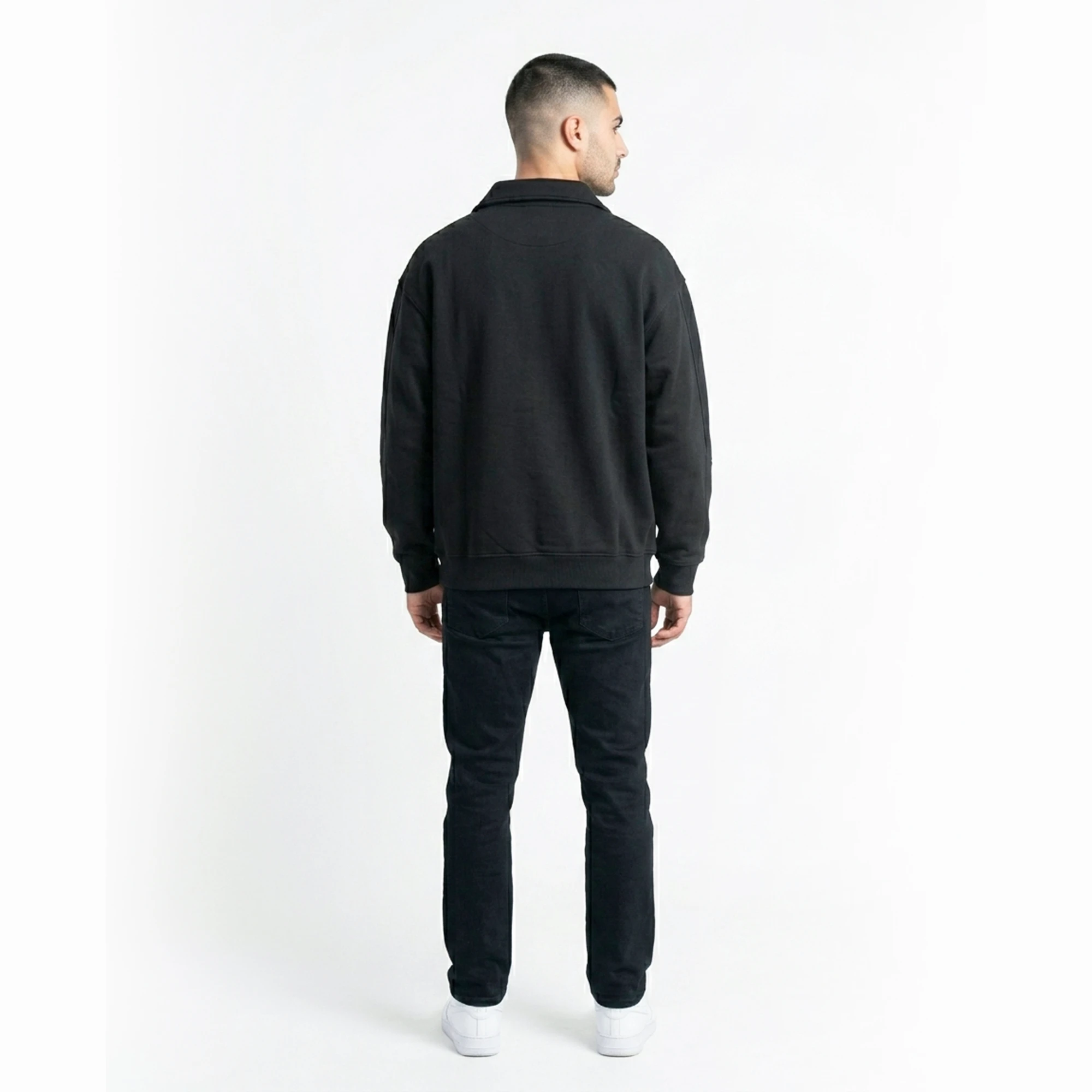 Back view of men's quarter zip sweatshirt