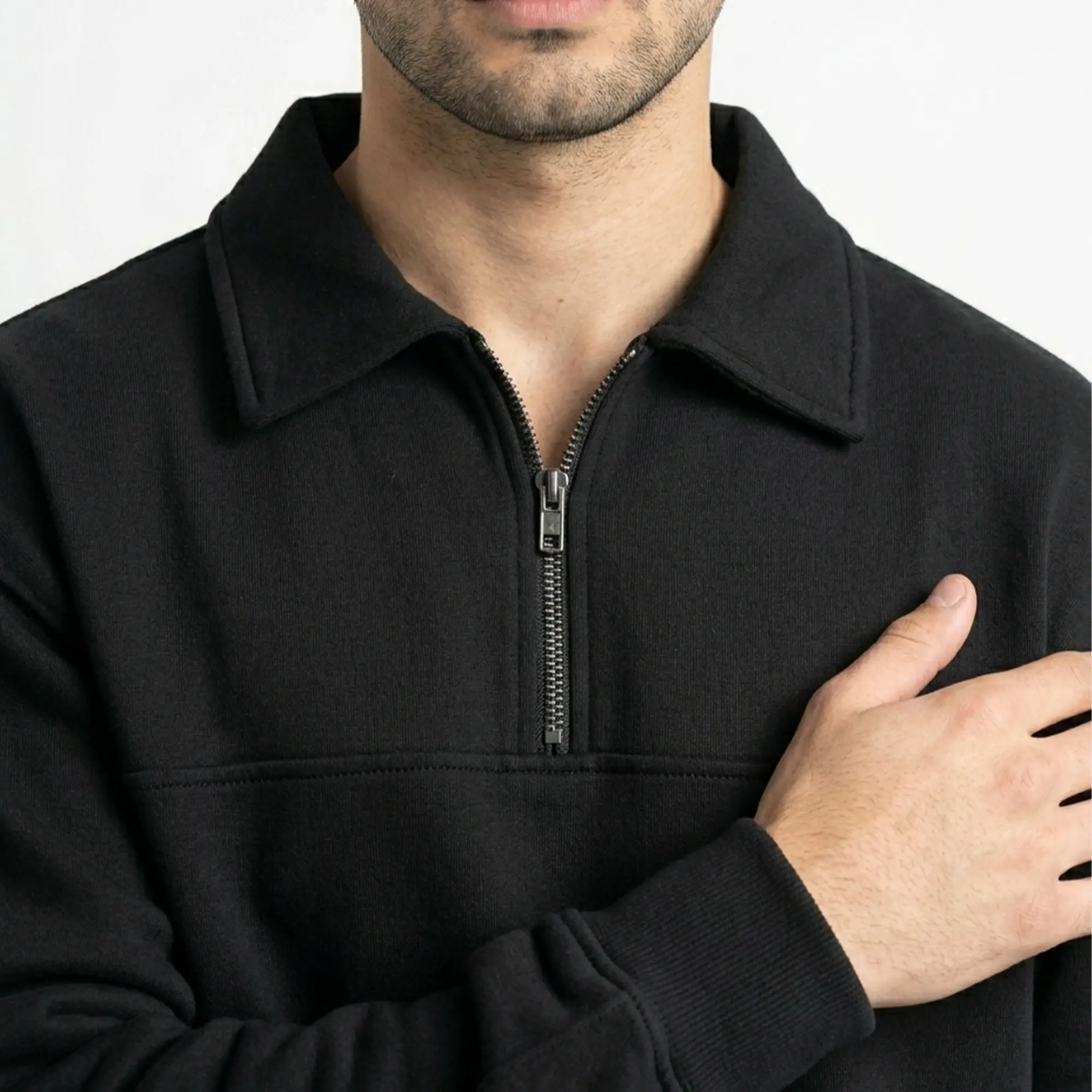 Close-up detail of men's quarter zip sweatshirt collar and zipper