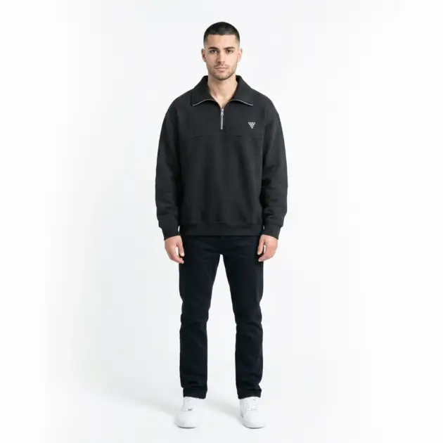 Front view of men's quarter zip sweatshirt in casual wear