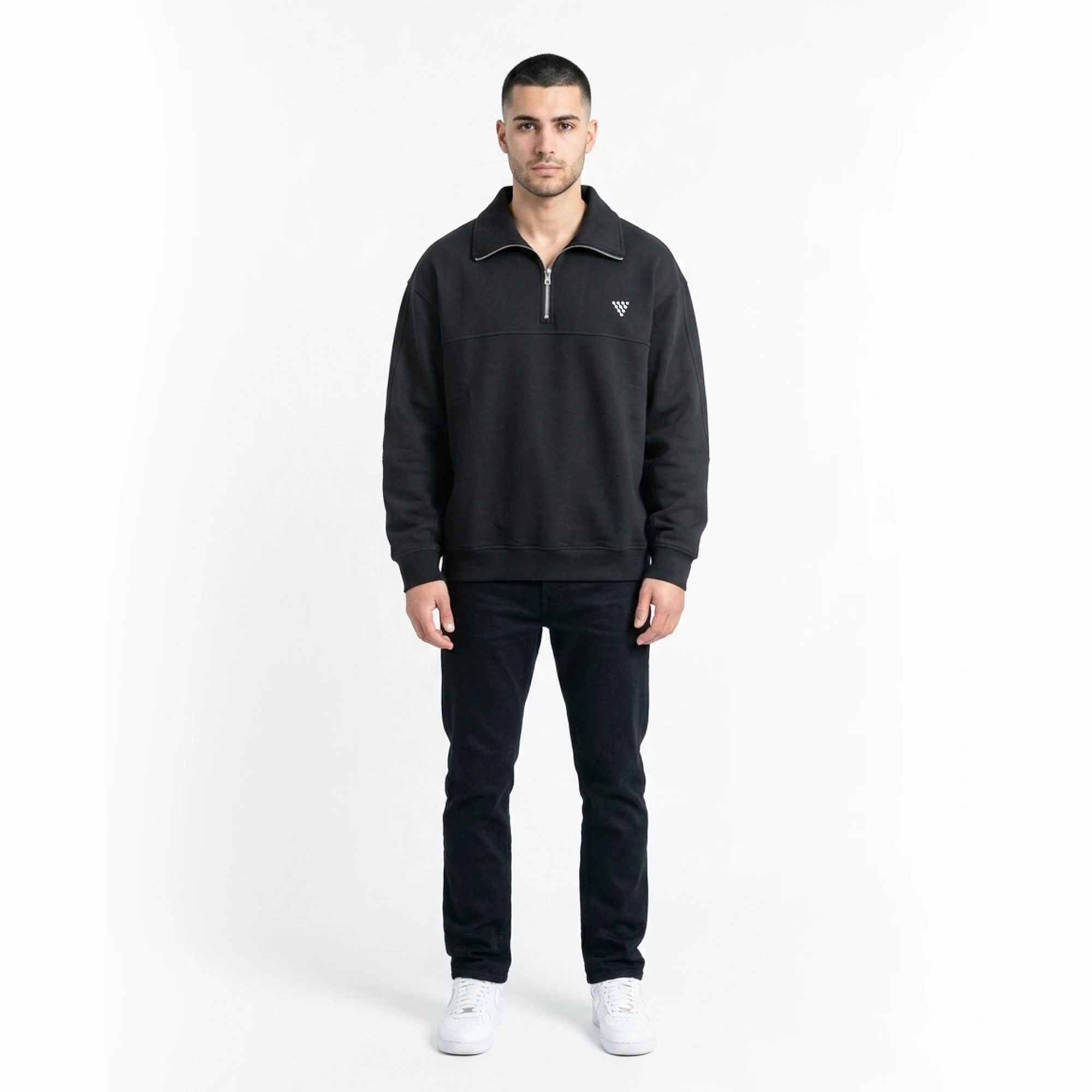 Front view of men's quarter zip sweatshirt in casual wear