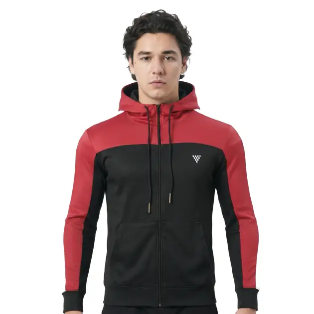 Men's red and black zip up hoodie worn by model
