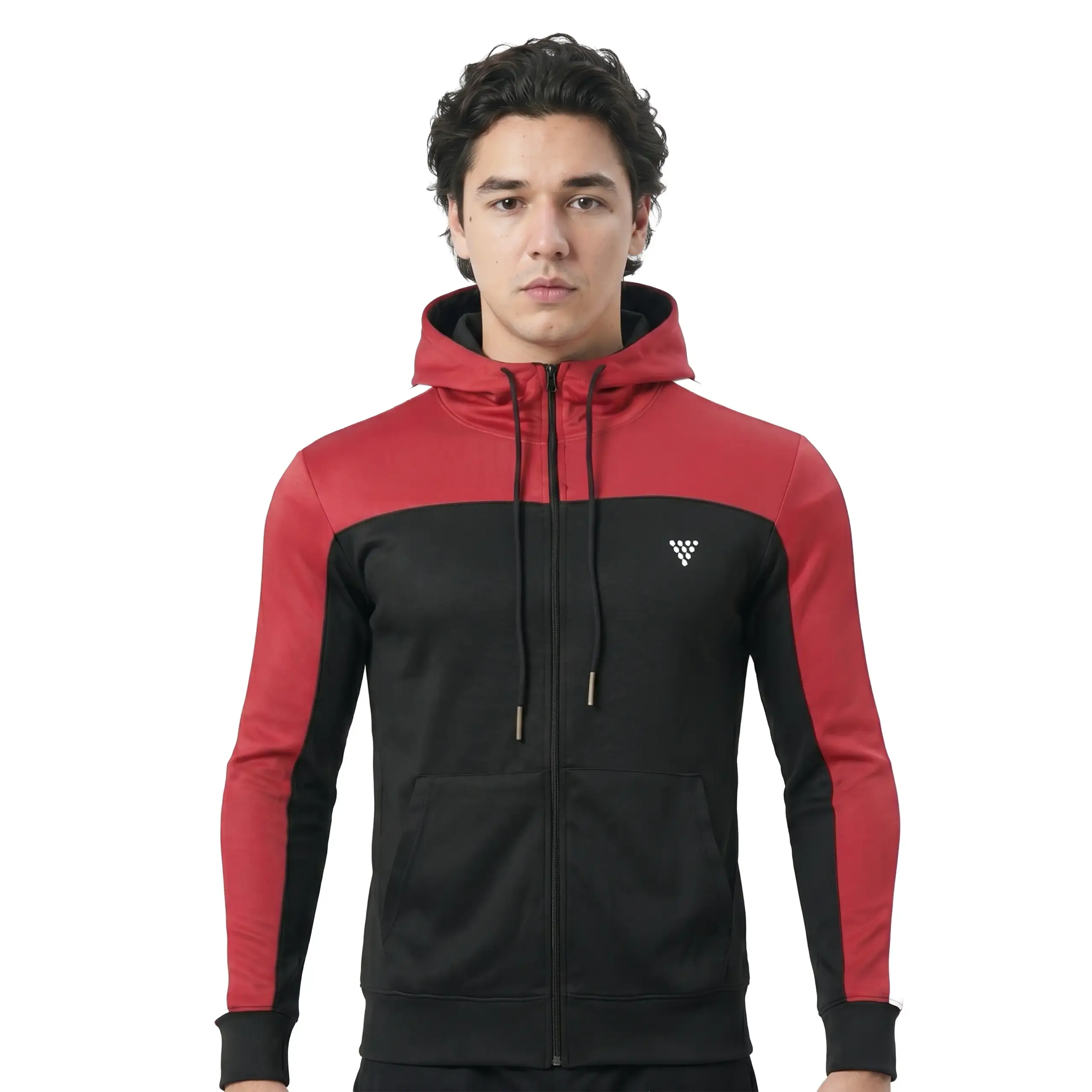 Men's red and black zip up hoodie worn by model