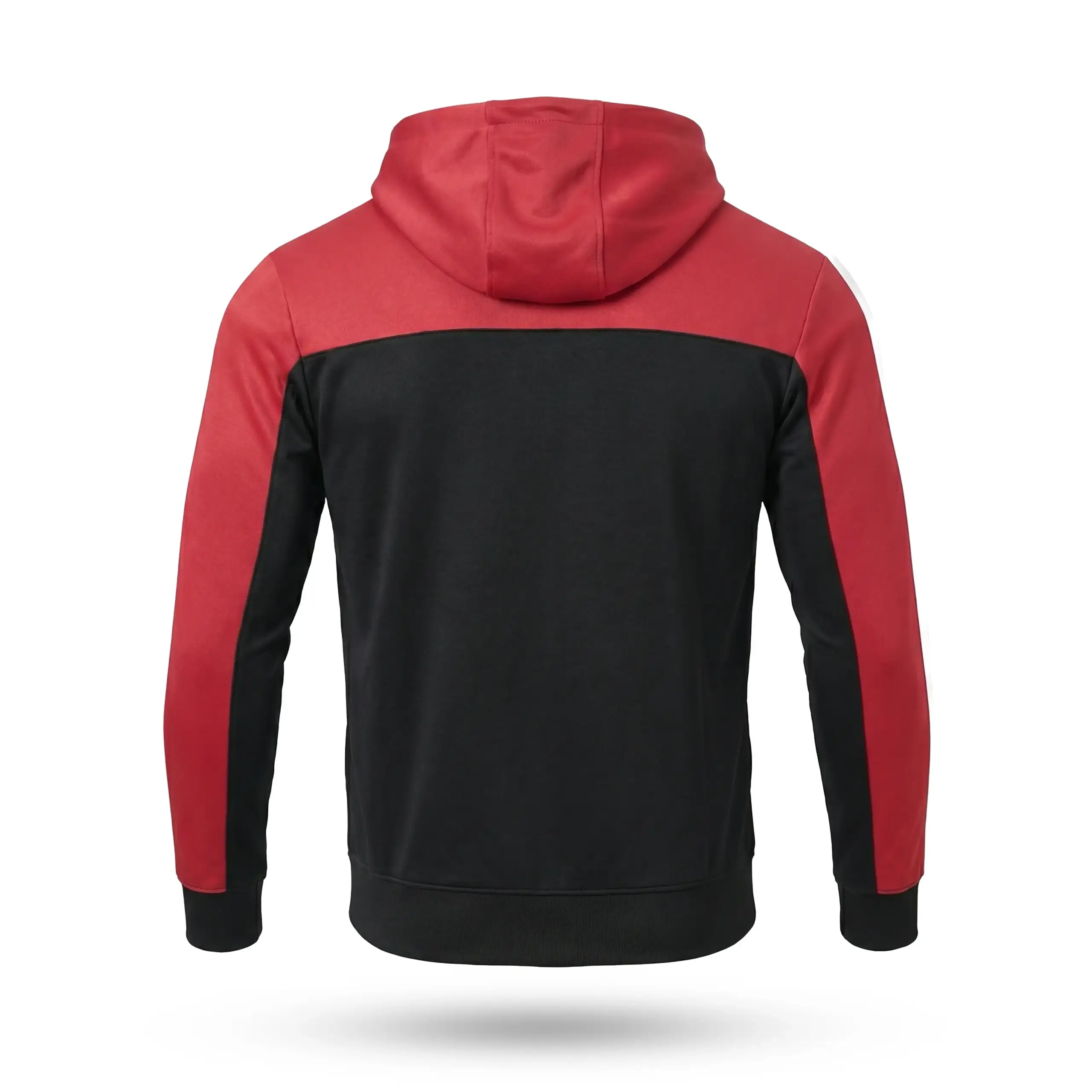 Back view of men's red and black casual hoodie