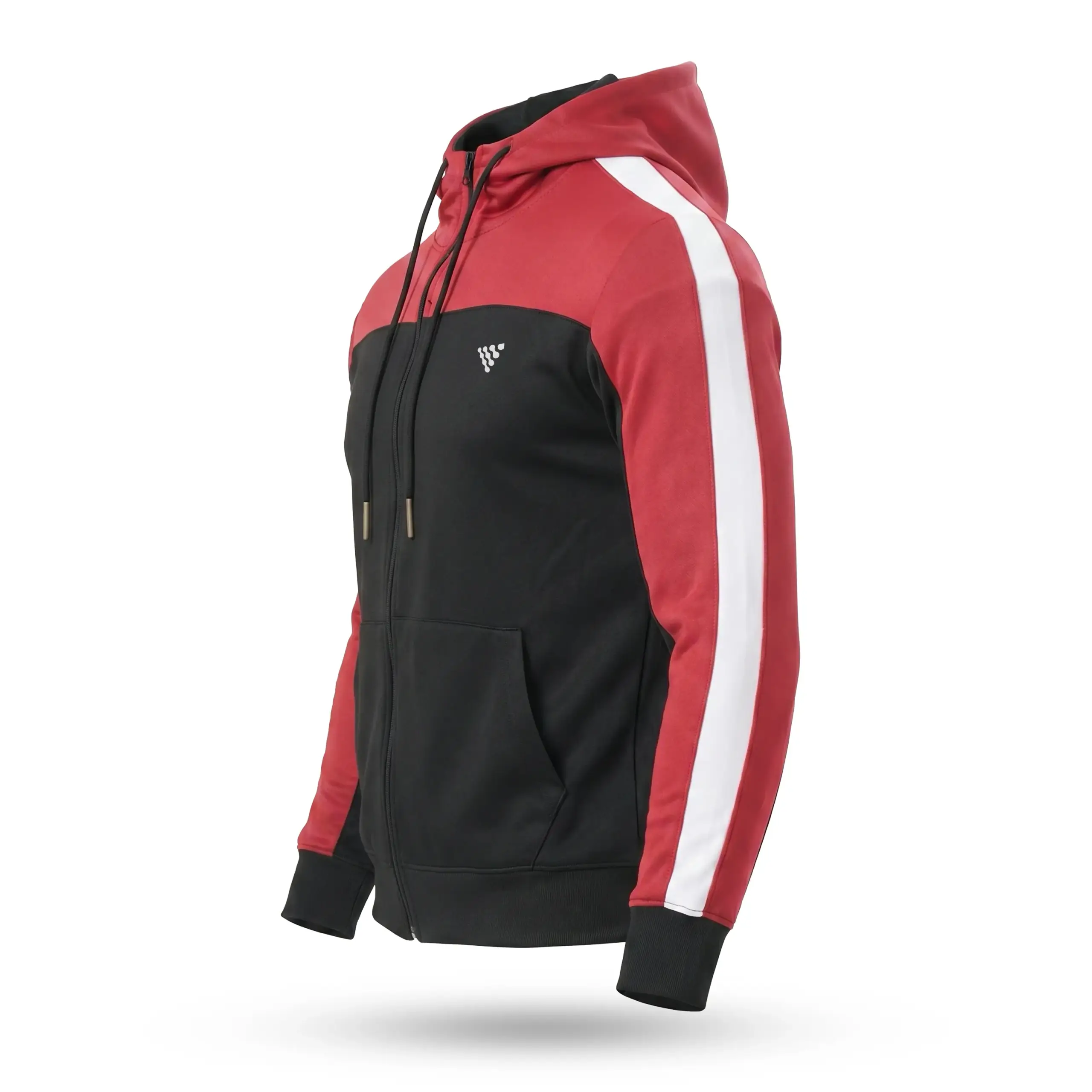 Side profile of men's red and black zip up hoodie
