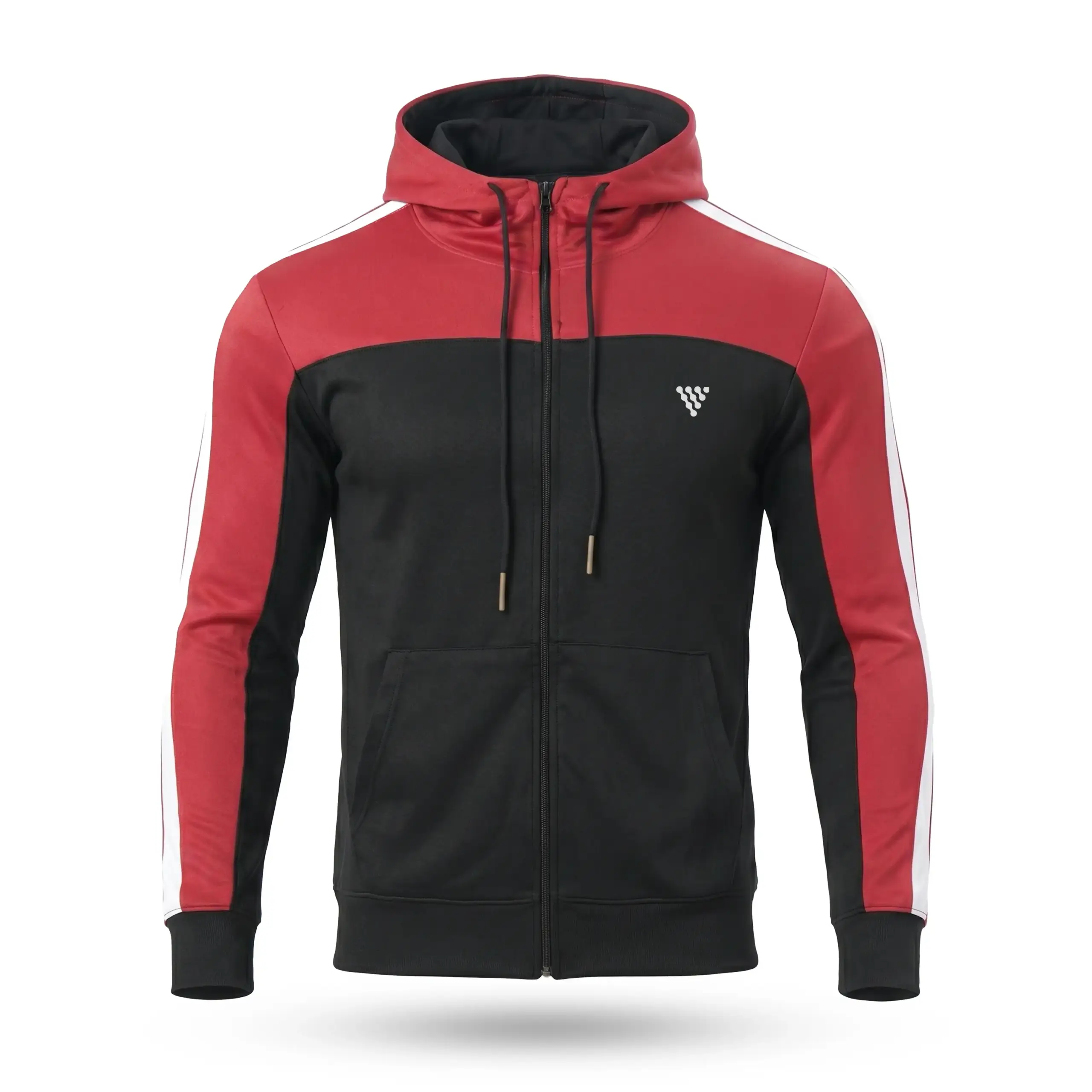 Front view of men's red and black zip up hoodie