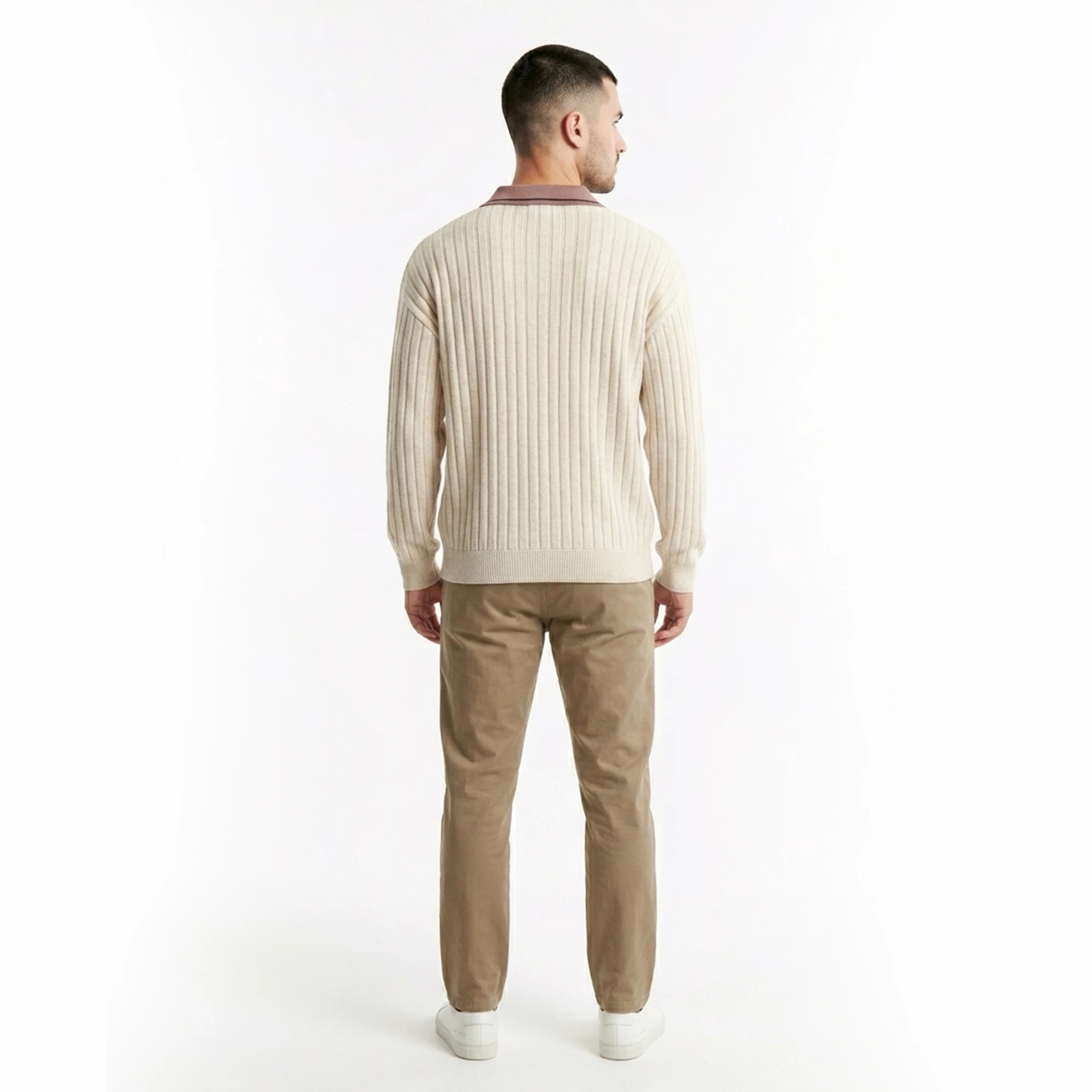 Back view of men's ribbed knit polo shirt