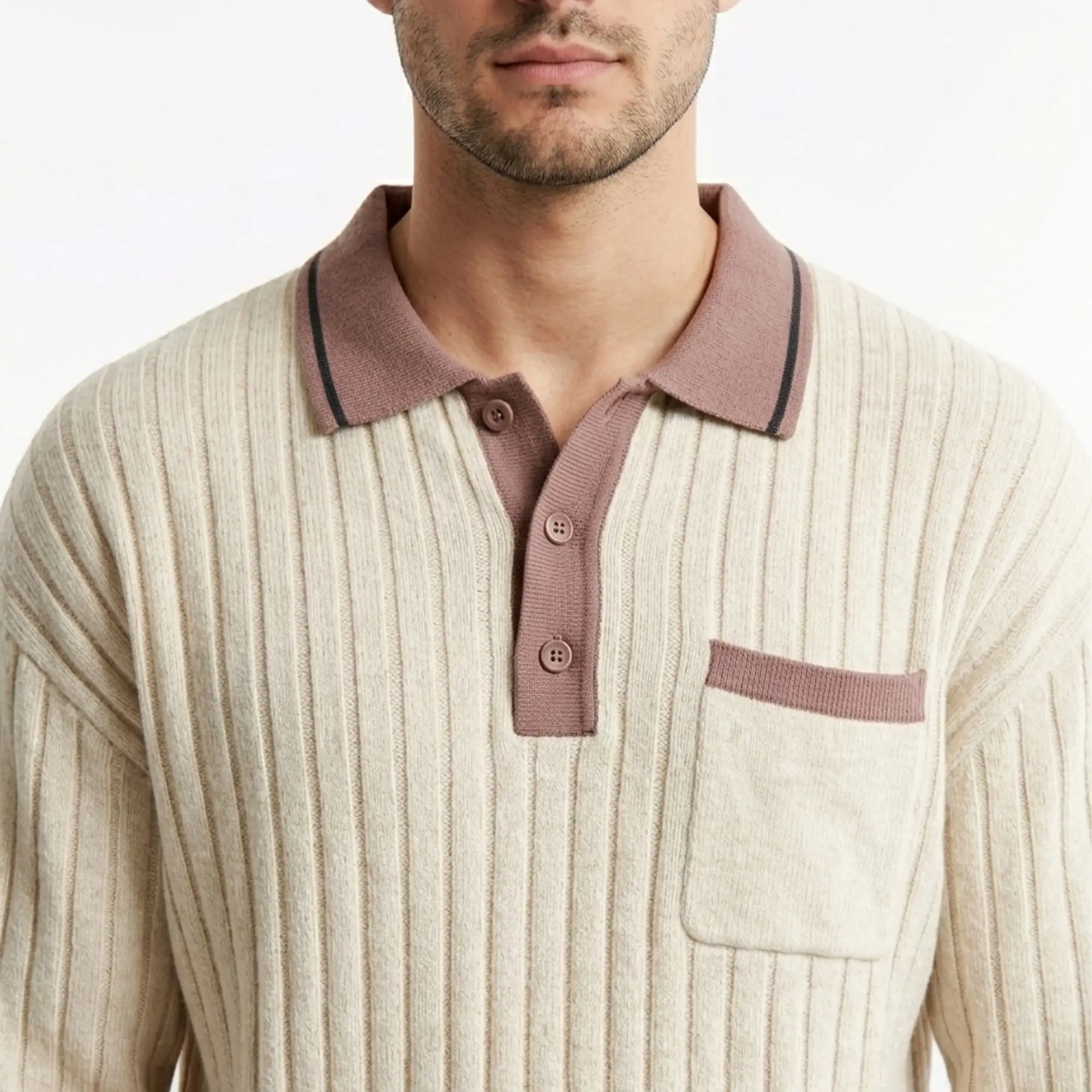 Close-up detail of men's ribbed knit polo shirt collar and pocket