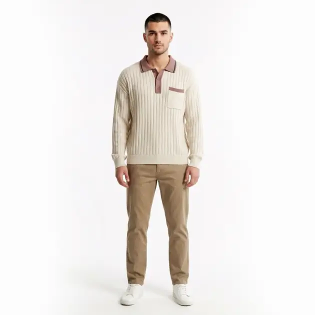 Front view of men's ribbed knit polo shirt in casual wear