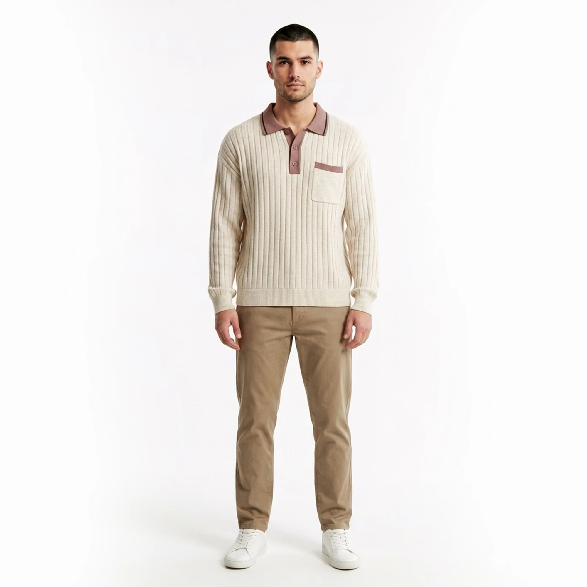 Front view of men's ribbed knit polo shirt in casual wear
