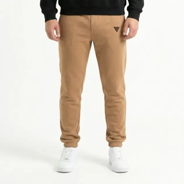Men's tan jogger trousers styled for casual everyday wear