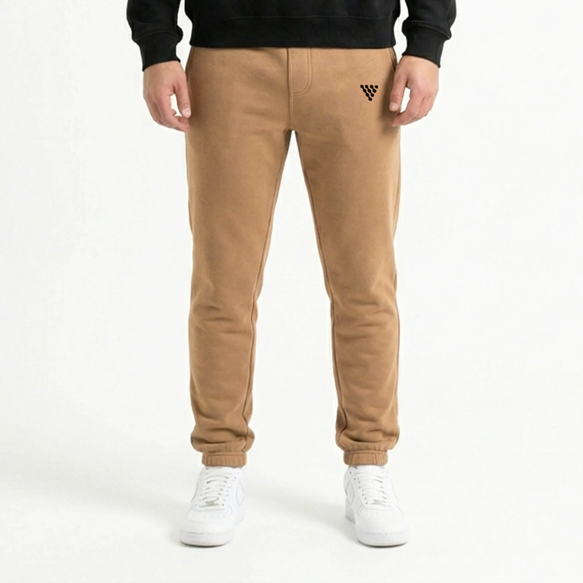 Men's tan jogger trousers styled for casual everyday wear