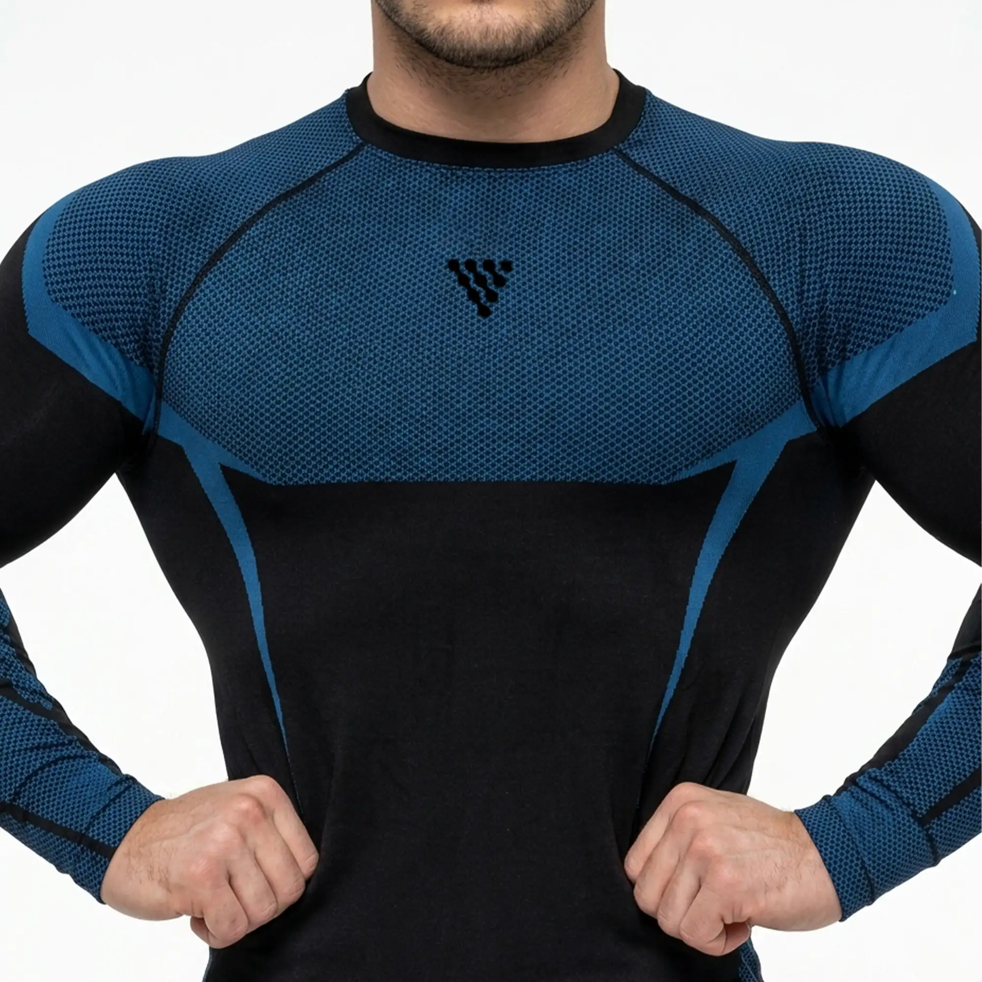 Close-up of premium compression shirt featuring breathable stretch fabric and ergonomic construction