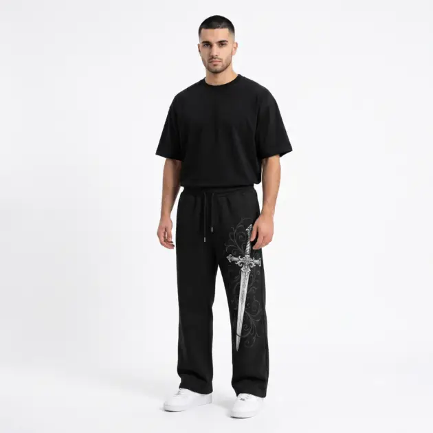 Custom Black Graphic Casual Track Trousers with premium graphic print for private label apparel manufacturing