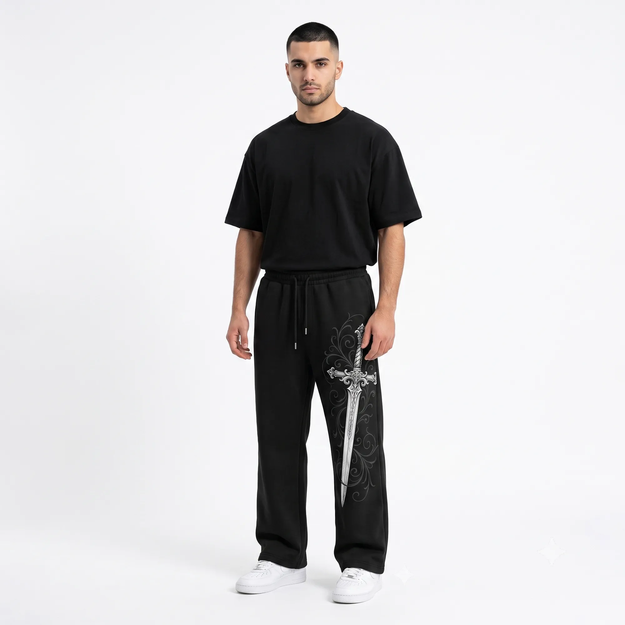 Custom Black Graphic Casual Track Trousers with premium graphic print for private label apparel manufacturing
