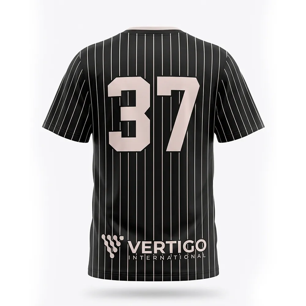 Custom Black Pinstripe Baseball Jersey back view with player number and team logo