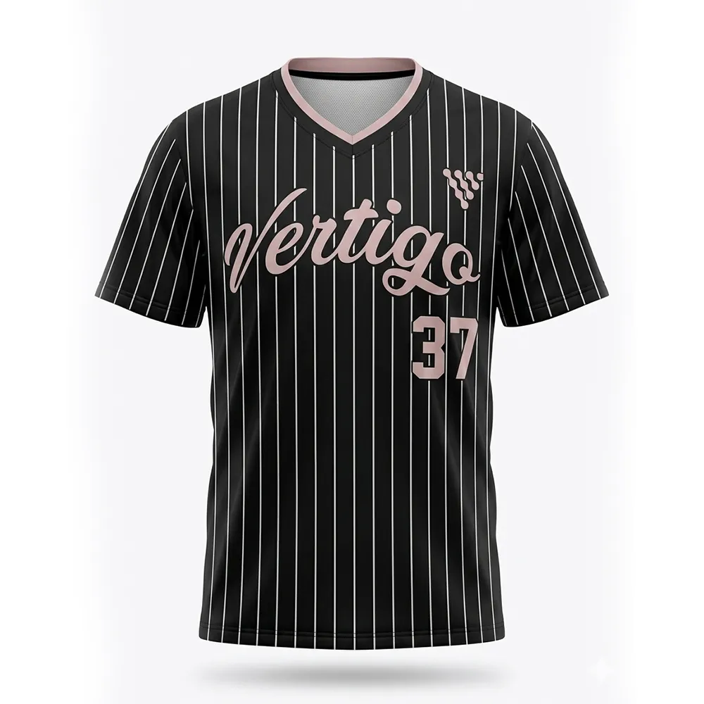Custom Black Pinstripe Baseball Jersey front view with player number and team logo