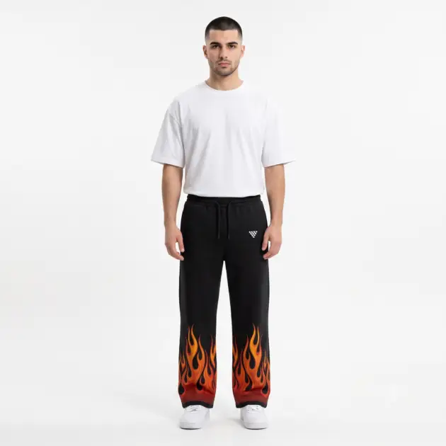 Custom Flame Print Casual Trousers with Black Wide Leg Design