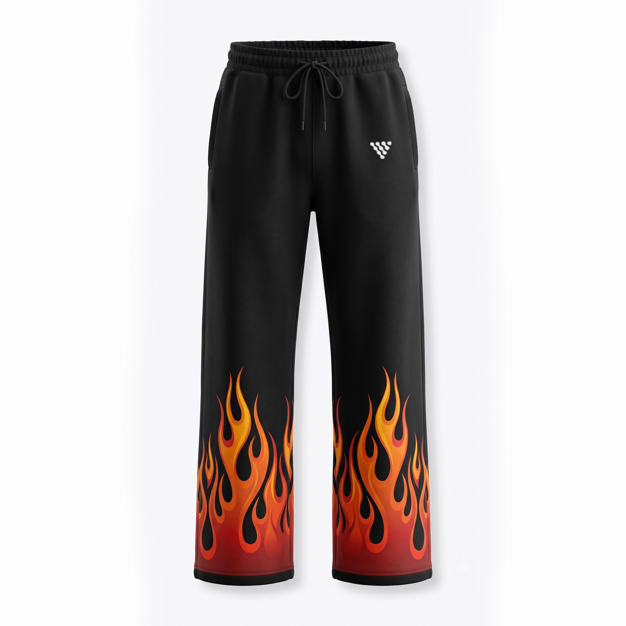 Custom Flame Print Casual Trousers with Black Wide Leg Design back side