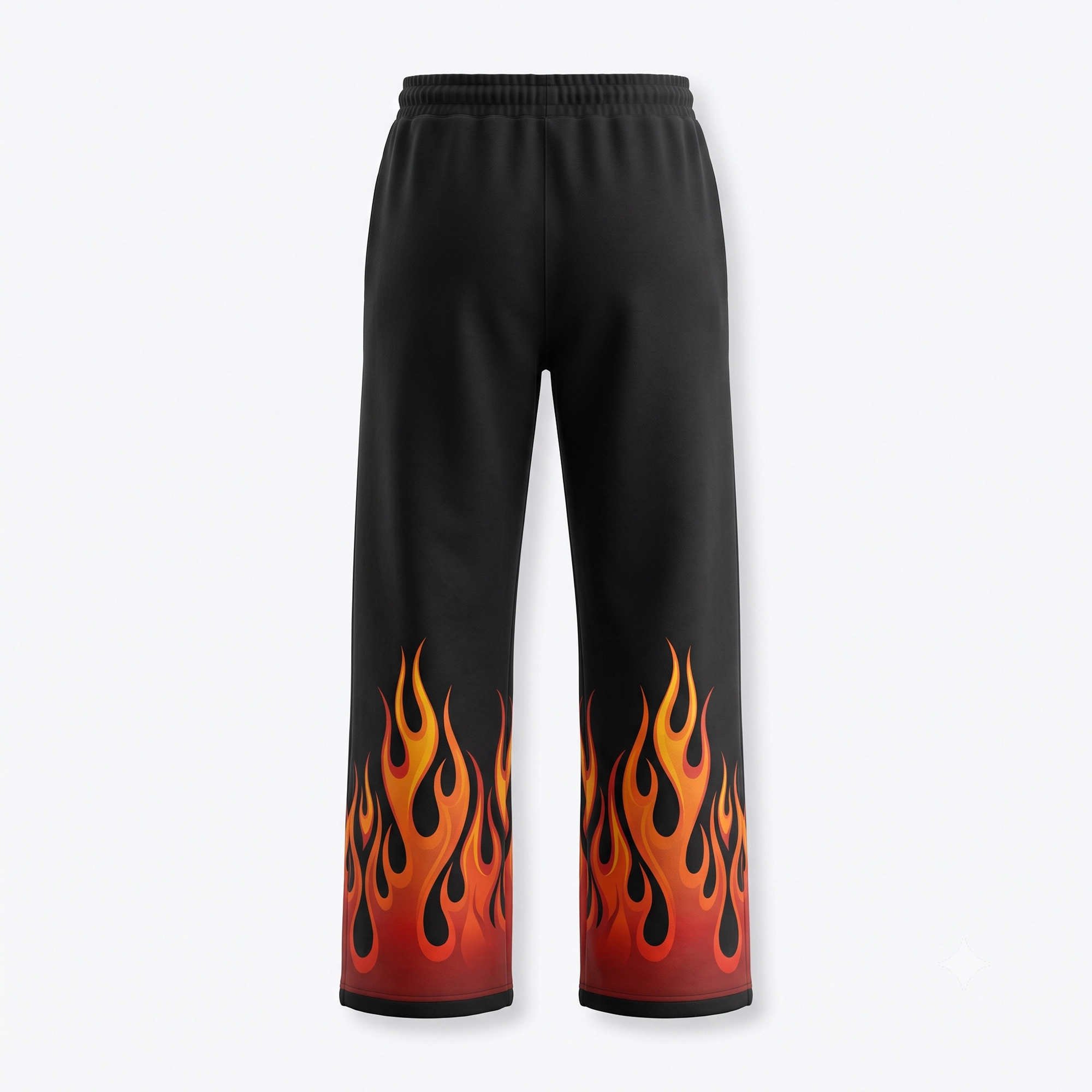 Custom Flame Print Casual Trousers with Black Wide Leg Design front side