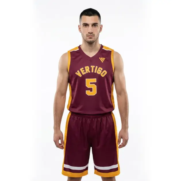 Custom Maroon Gold Basketball Uniform manufactured by Vertigo with mesh and interlock fabric for professional teams