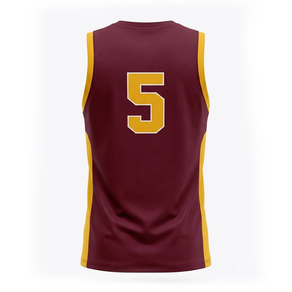 Back view of Custom Maroon Gold Basketball Uniform with customizable player name and number