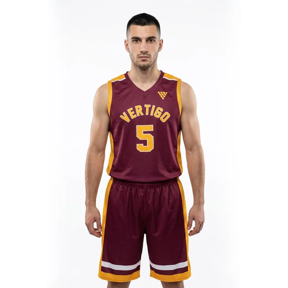 Custom Maroon Gold Basketball Uniform manufactured by Vertigo with mesh and interlock fabric for professional teams