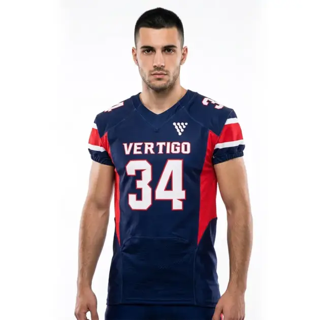 Custom Navy Red American Football Jersey with sublimation print made from mesh and interlock fabric