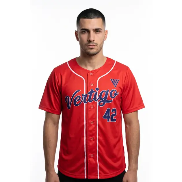 Custom Red Baseball Jersey manufactured by Vertigo for teams, clubs, and private label sportswear brands