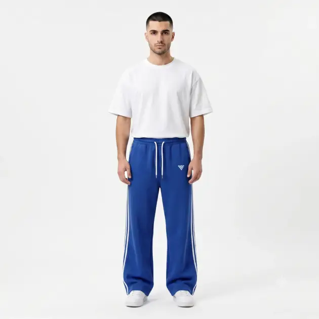 Custom Royal Blue Casual Track Trousers with side stripe design for private label apparel manufacturing