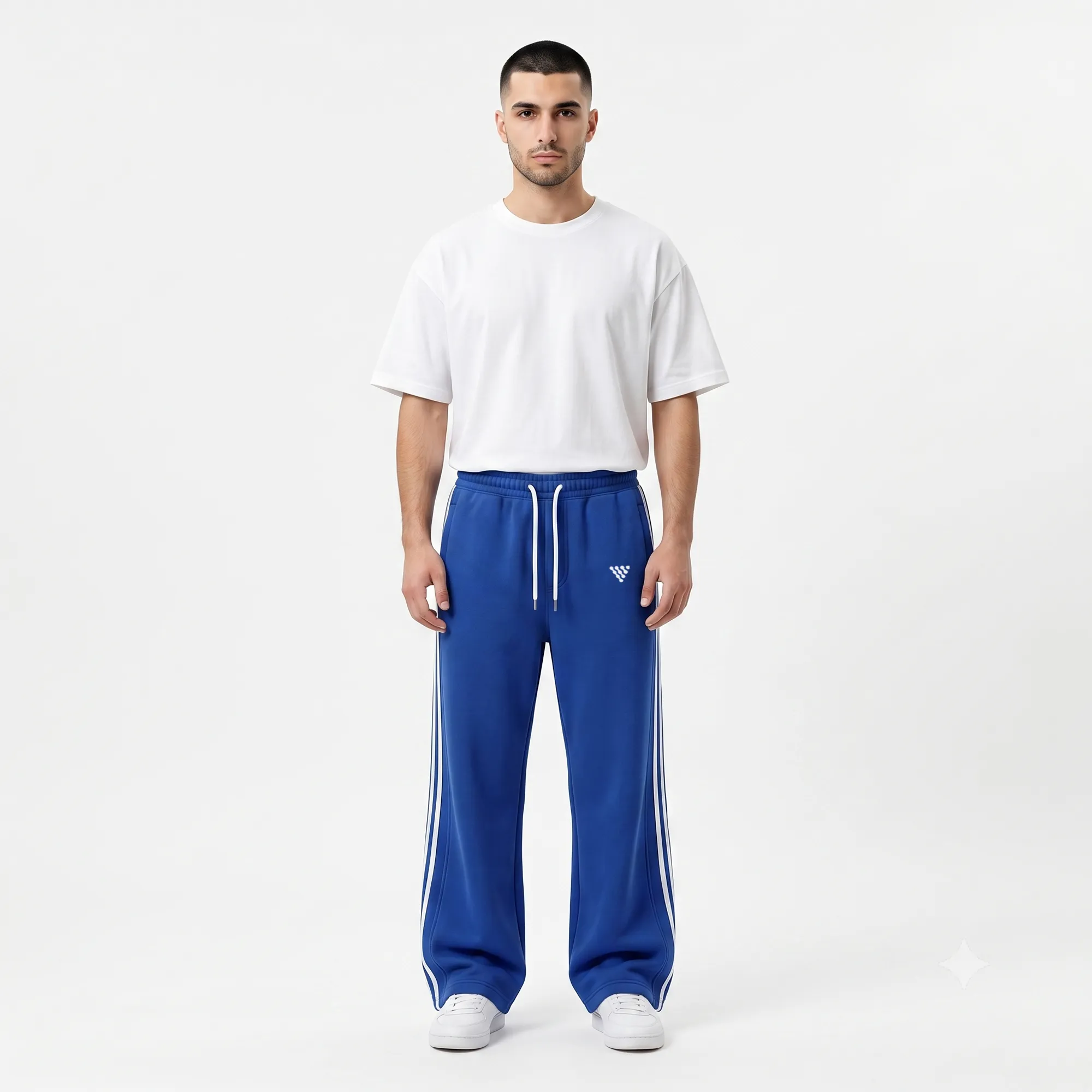 Custom Royal Blue Casual Track Trousers with side stripe design for private label apparel manufacturing